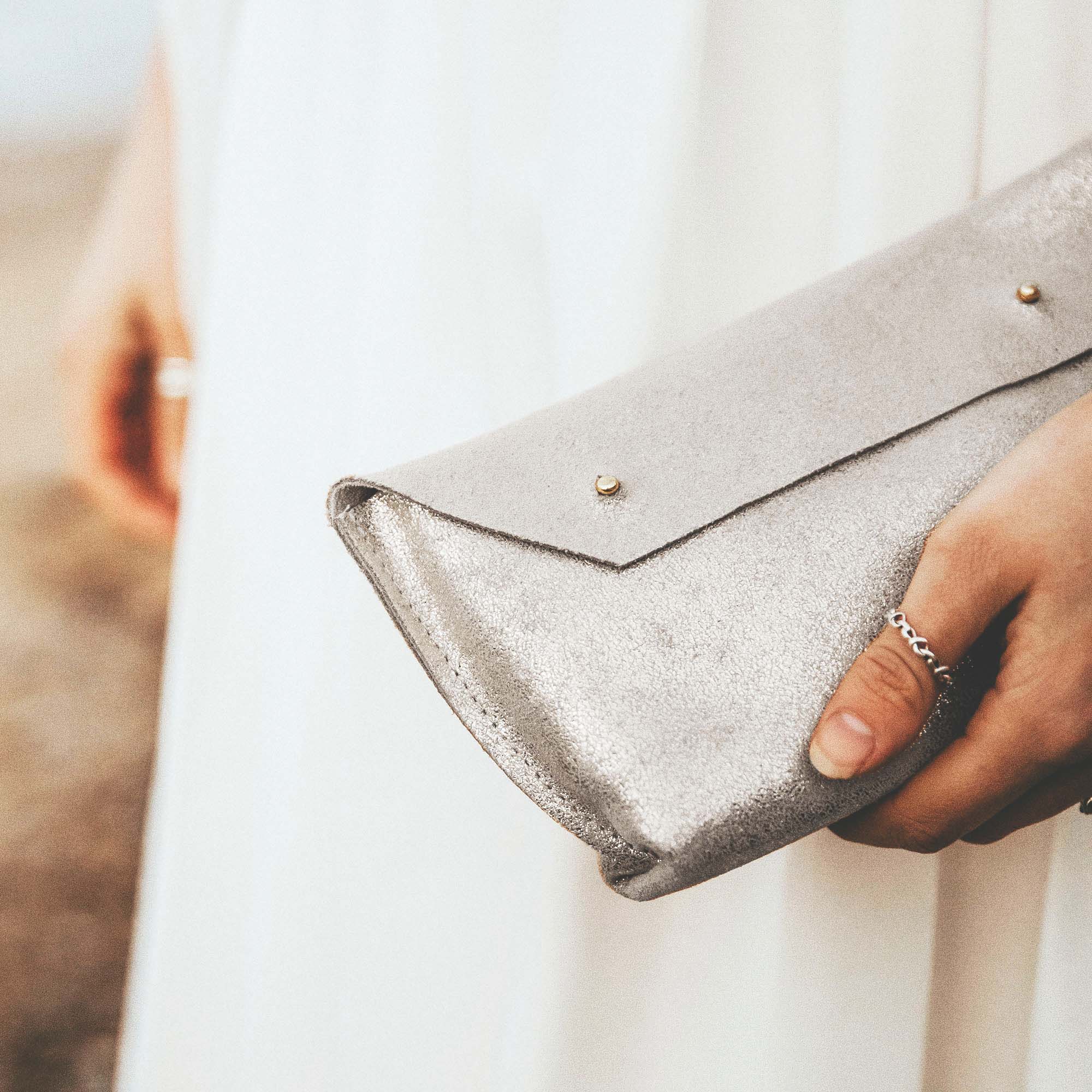 Shimmer Silver leather Ailla clutch bag