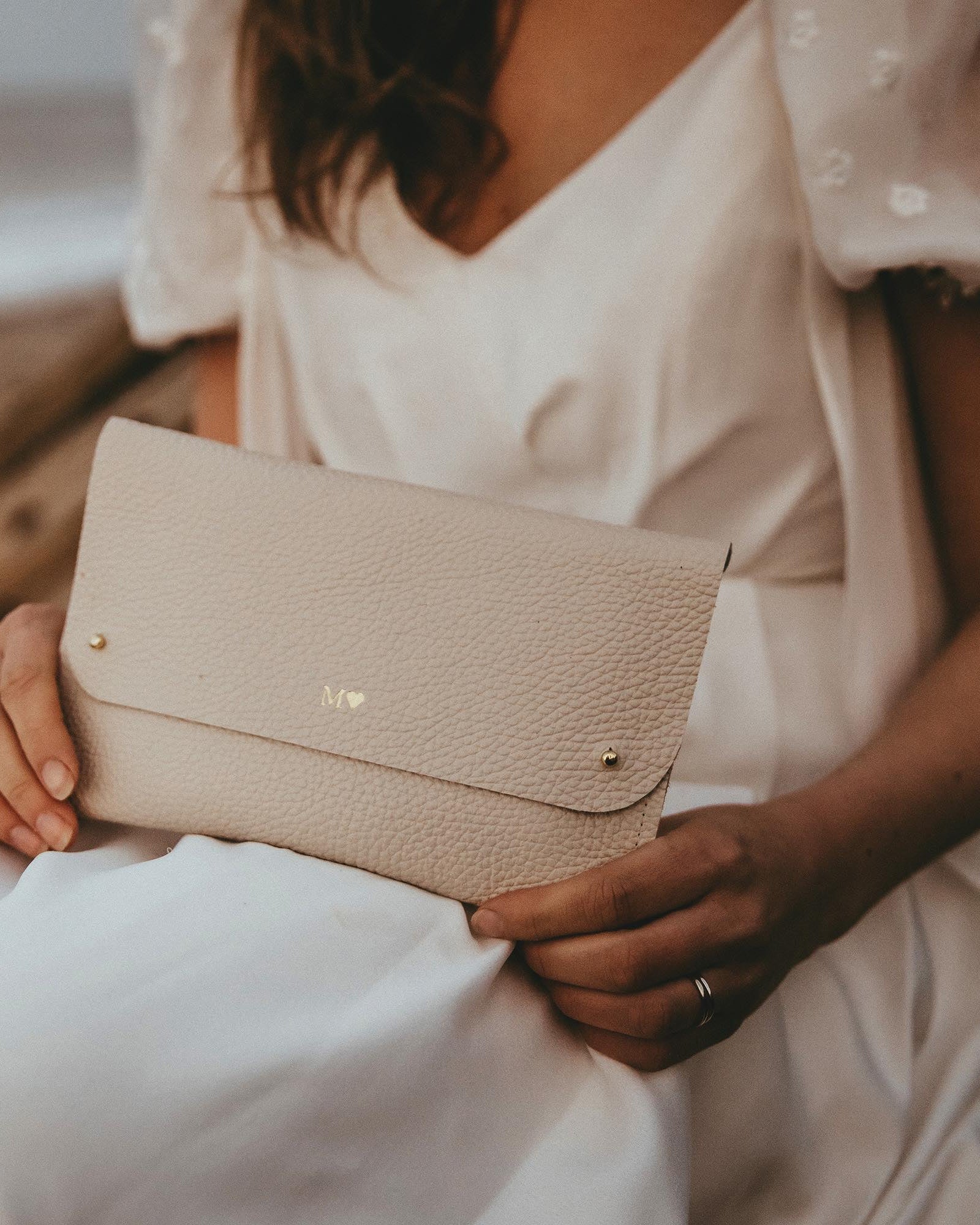 Cream leather clutch bag for bride with personalised initials