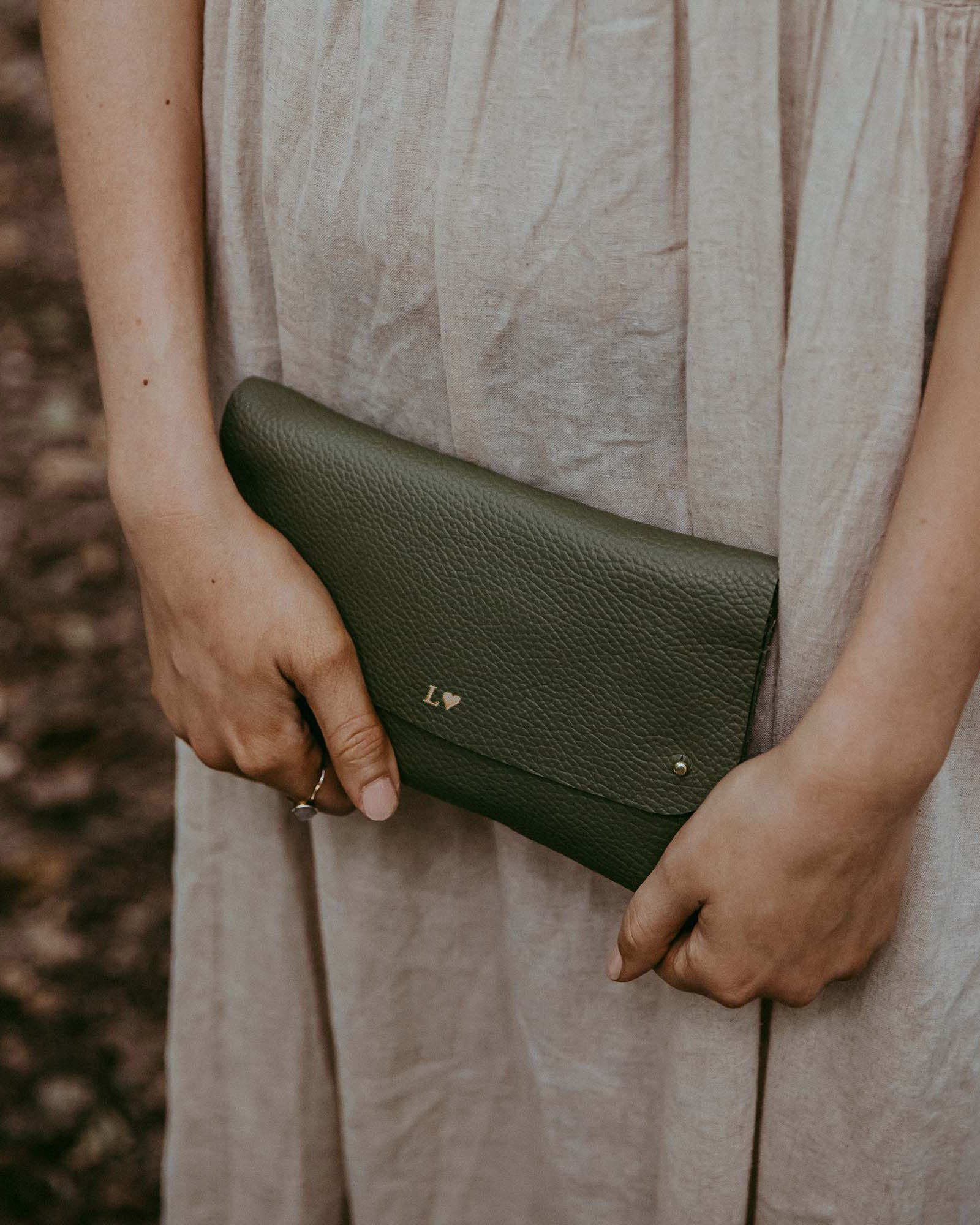Personalised olive green clutch bag