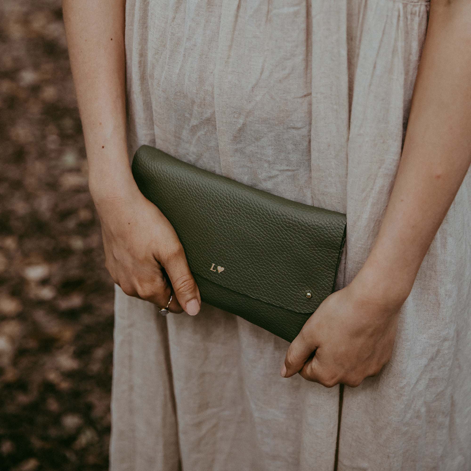 Personalised olive green clutch bag