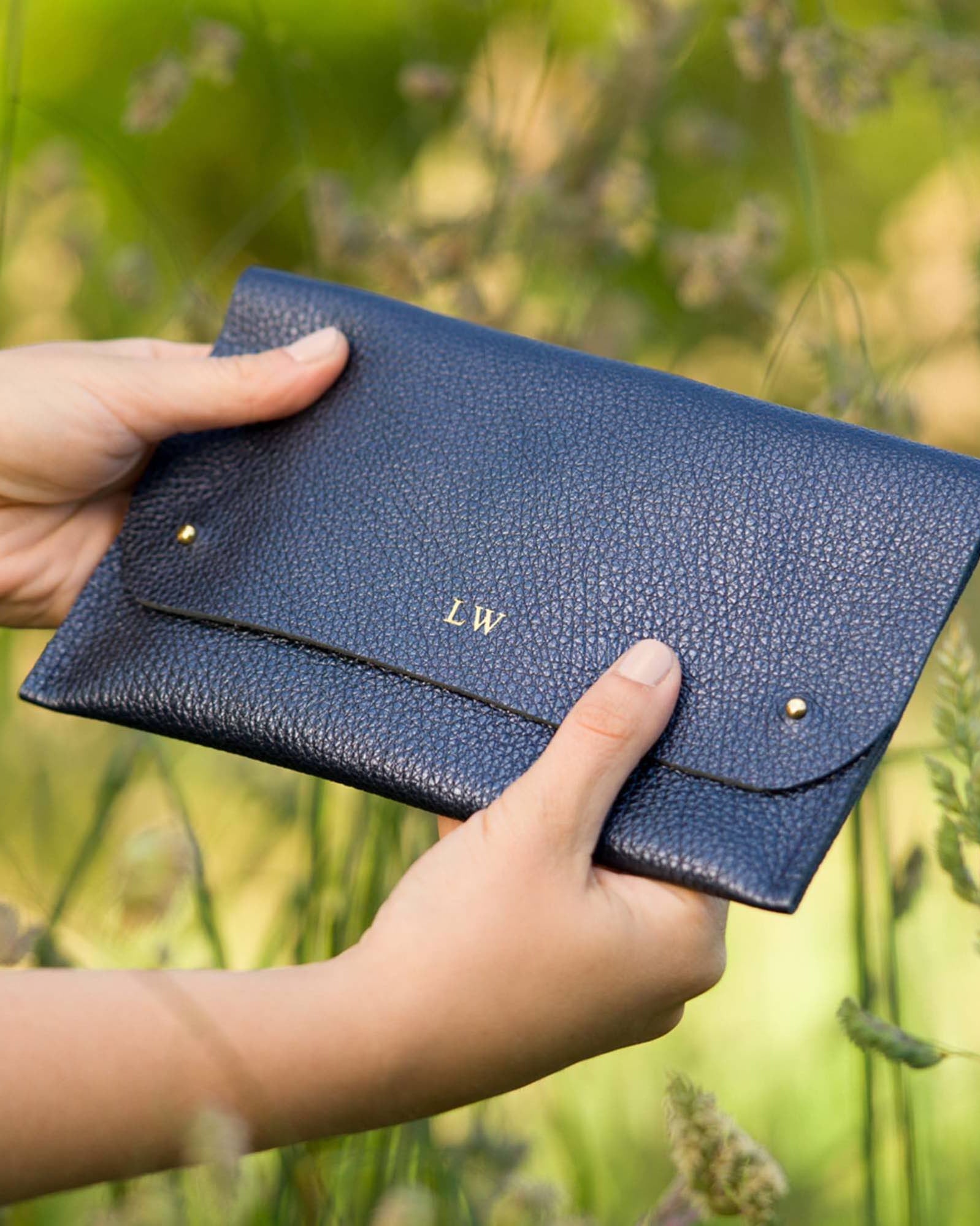 Metallic Navy personalised leather clutch bag