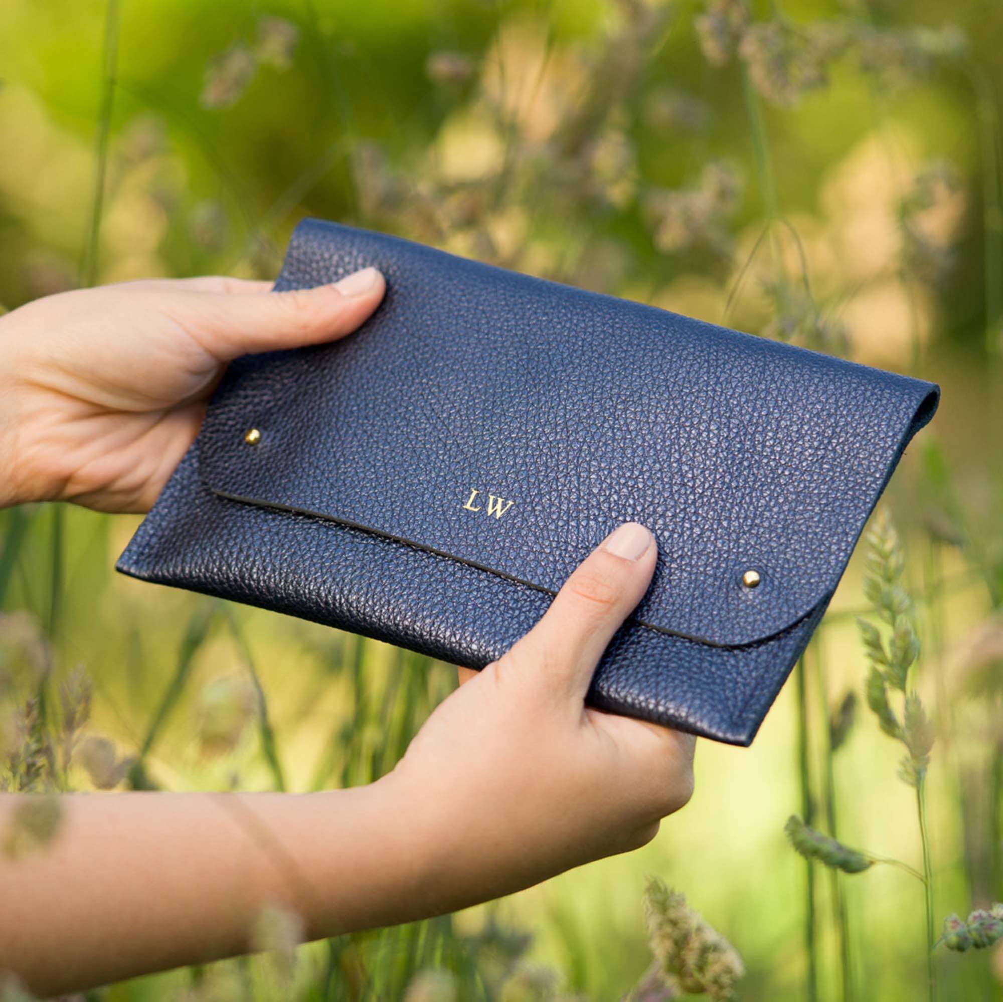 Metallic Navy personalised leather clutch bag