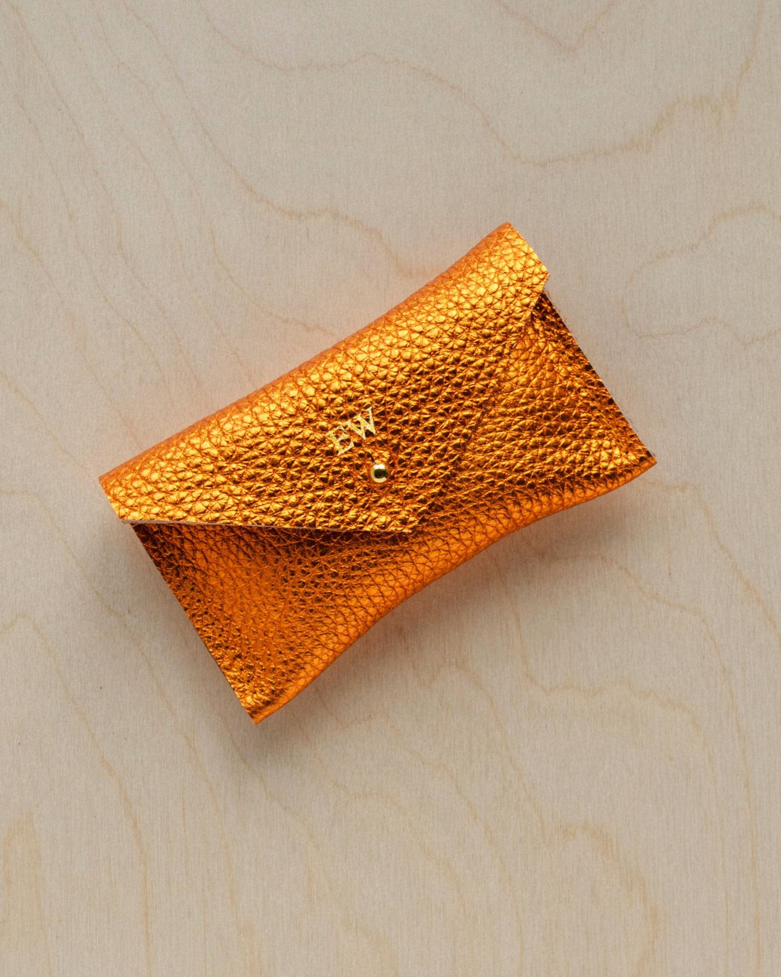 Personalised leather mettalic copper card holder.