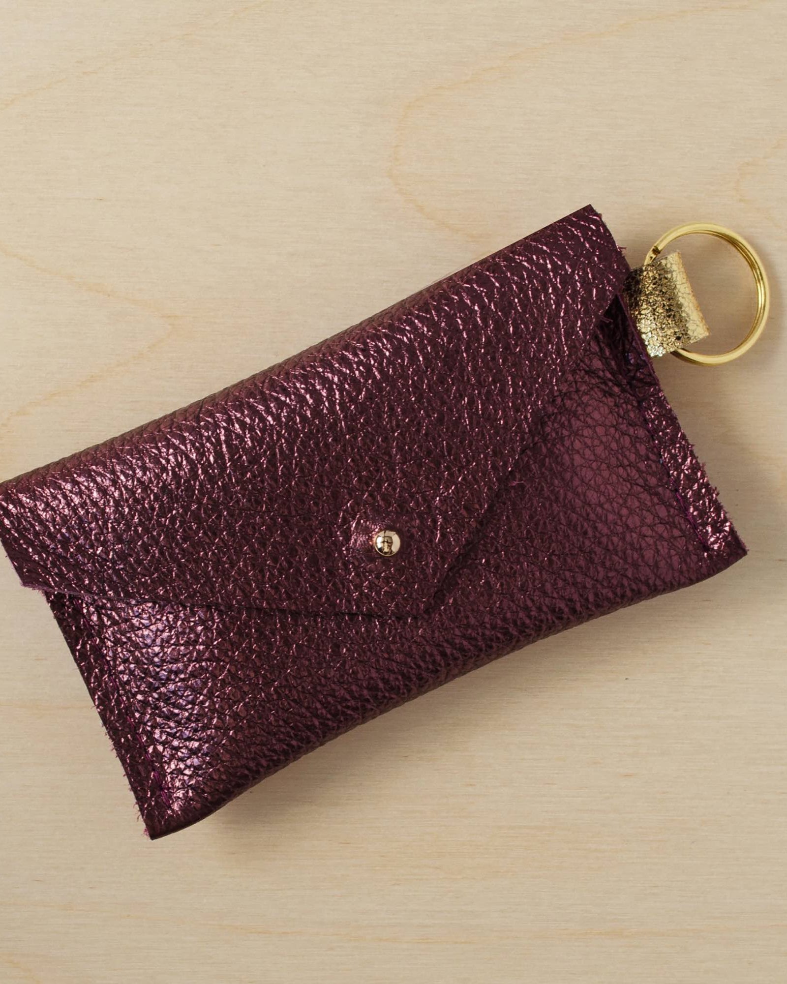 Leather Keyring Card holder in metallic berry.