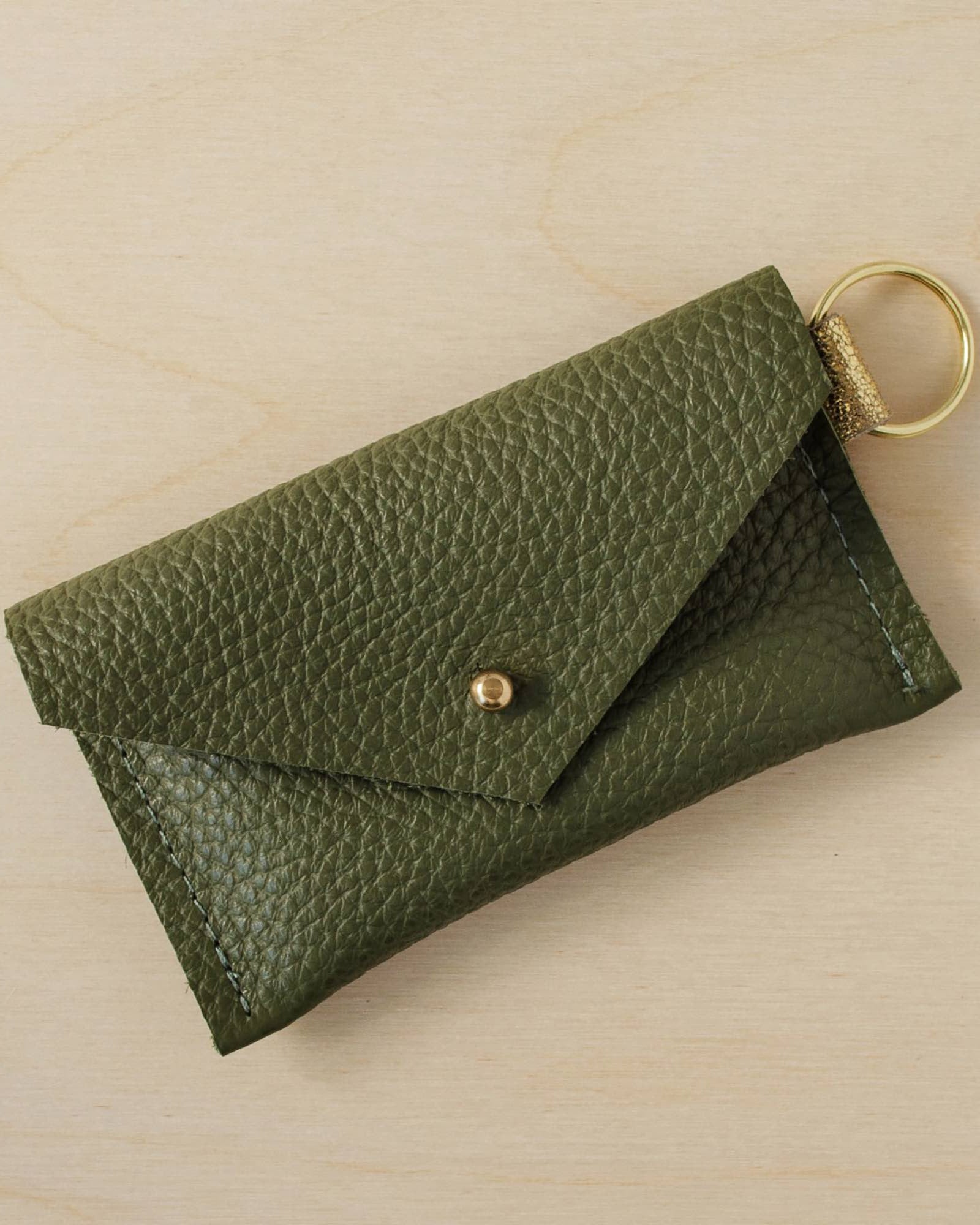 Leather Keyring Card Holder in Olive Green.