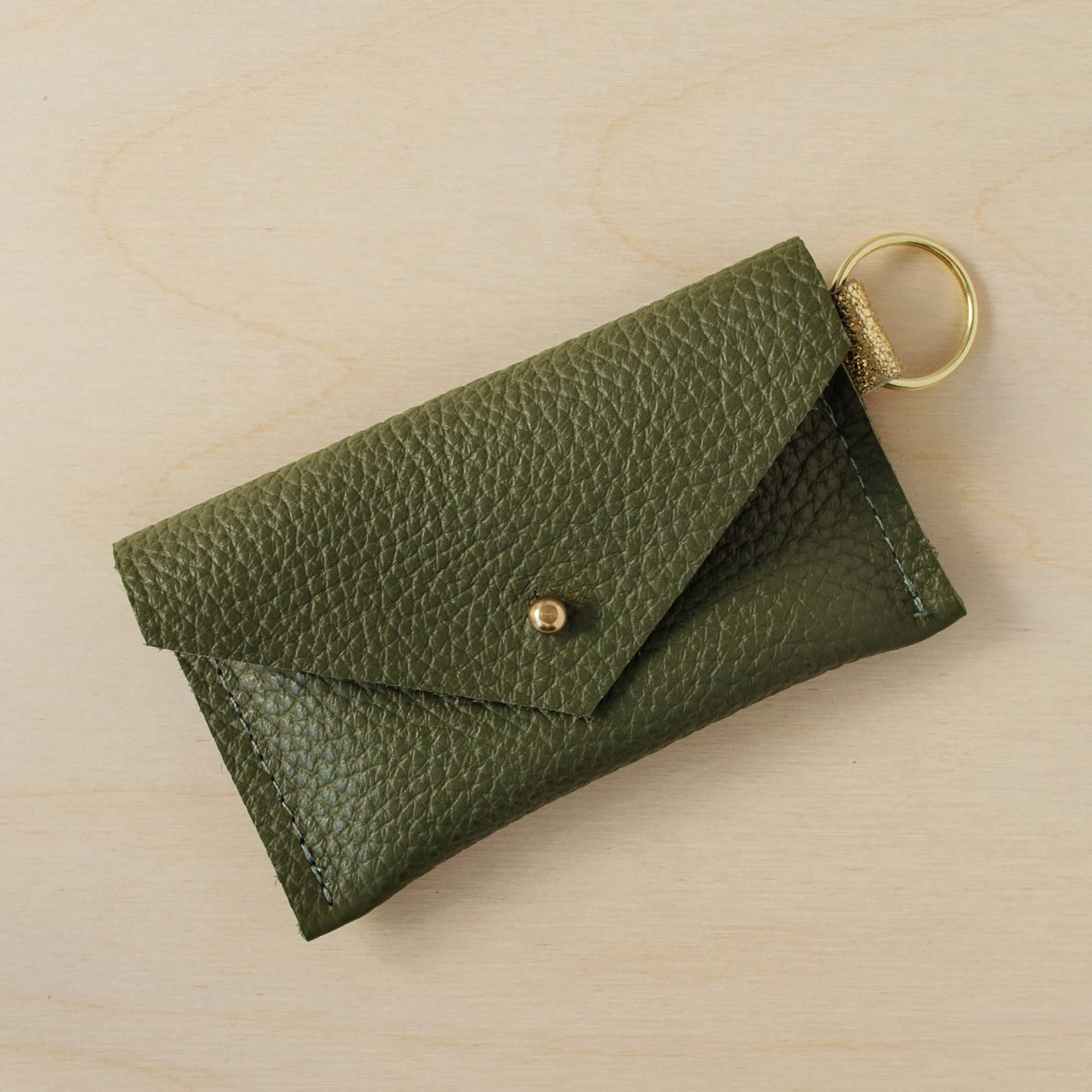 Leather Keyring Card Holder in Olive Green.
