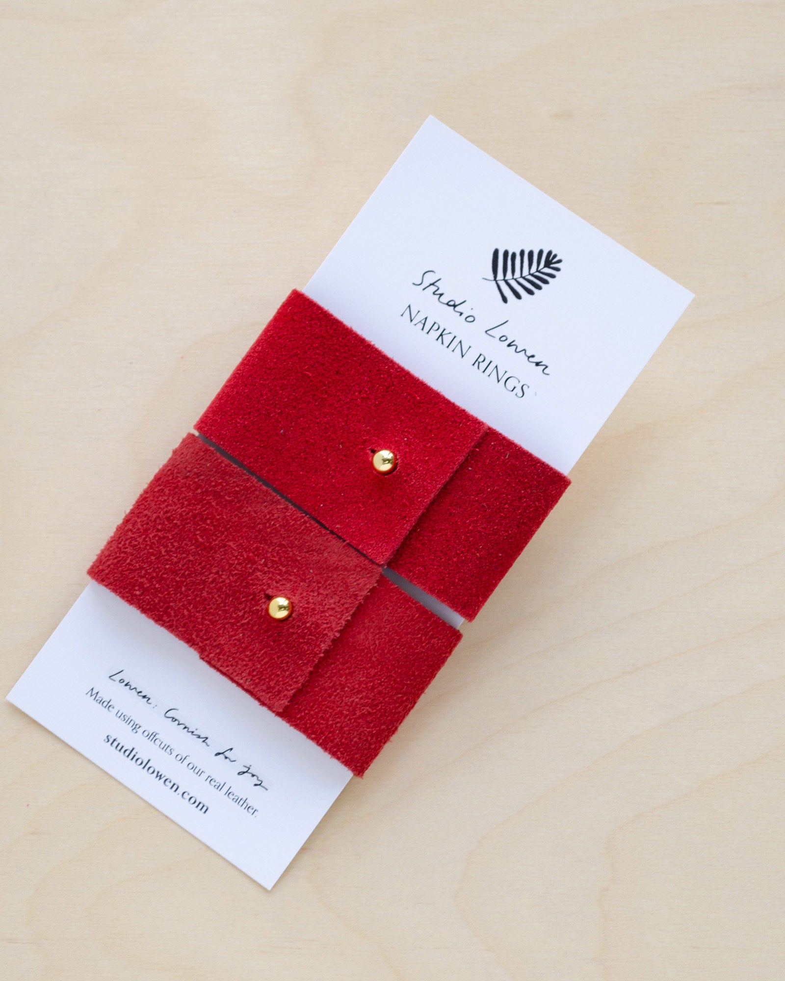 Crimson Red suede leather napkin ring with gold stud.