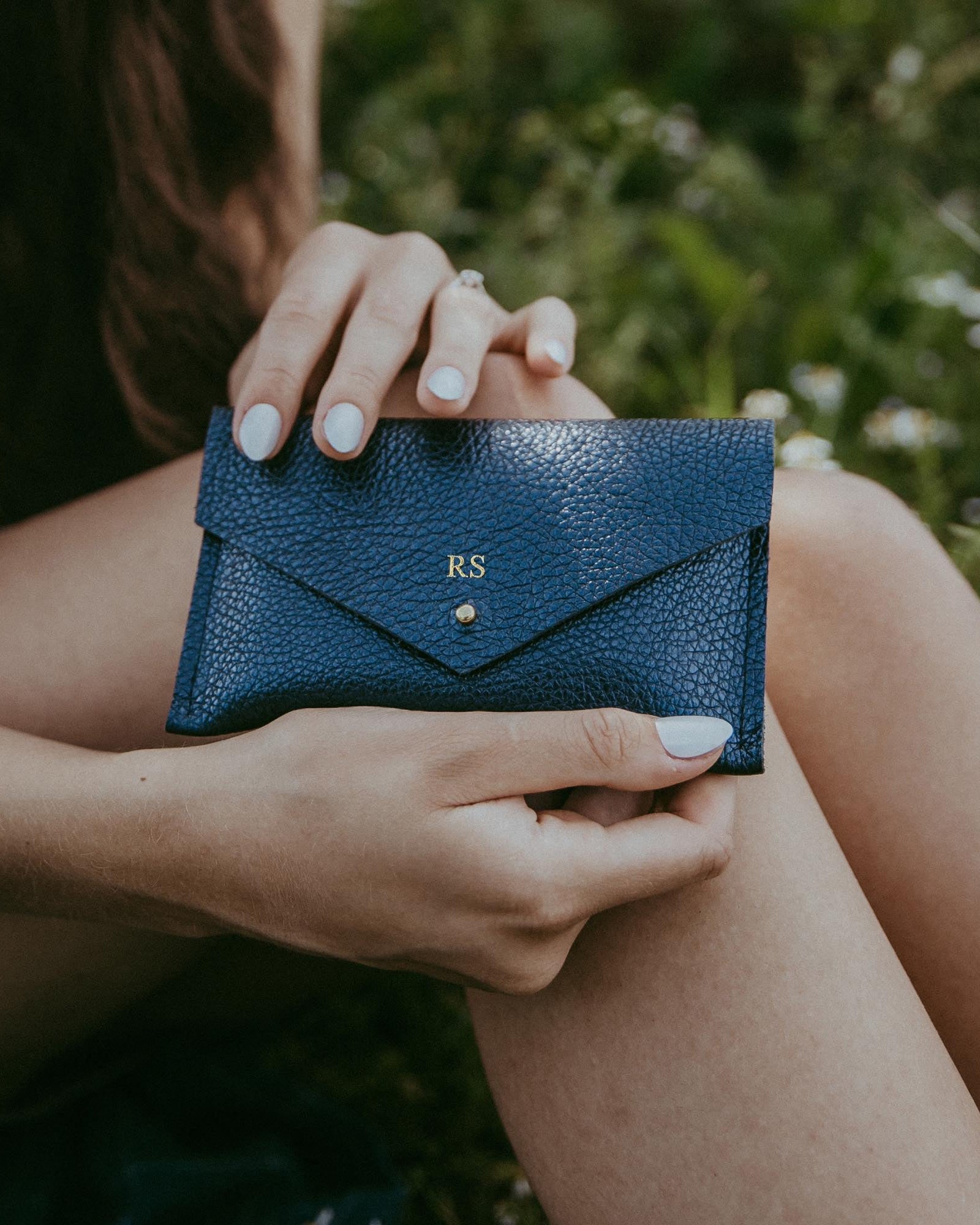 Our everyday leather purse in metallic navy with personalisation.