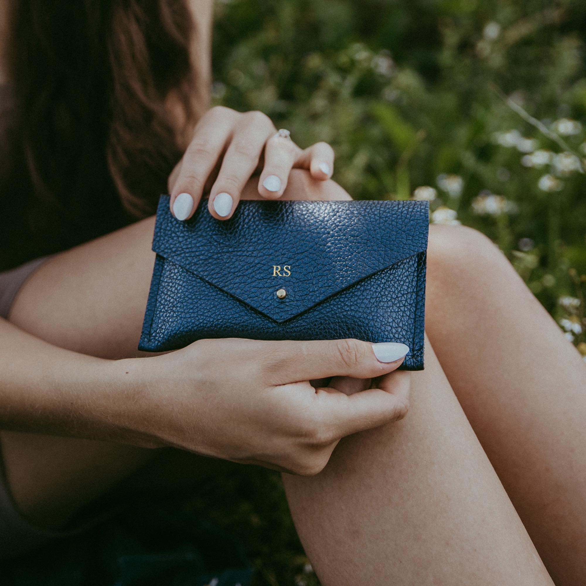 Our everyday leather purse in metallic navy with personalisation.