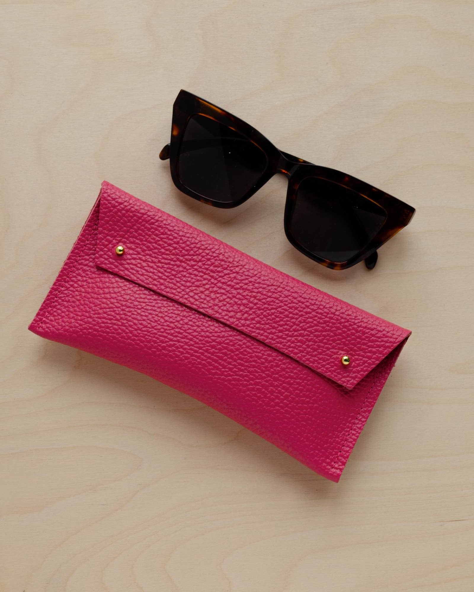 Raspberry Pink Leather double stud glasses case.