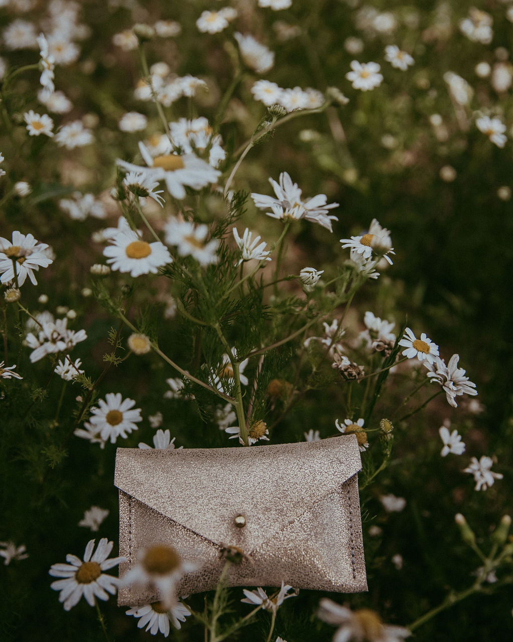 Small gold envelope-shaped pouch in a field of white flowers
