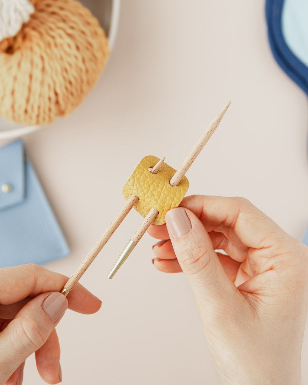 Yellow leather knitting needle holder