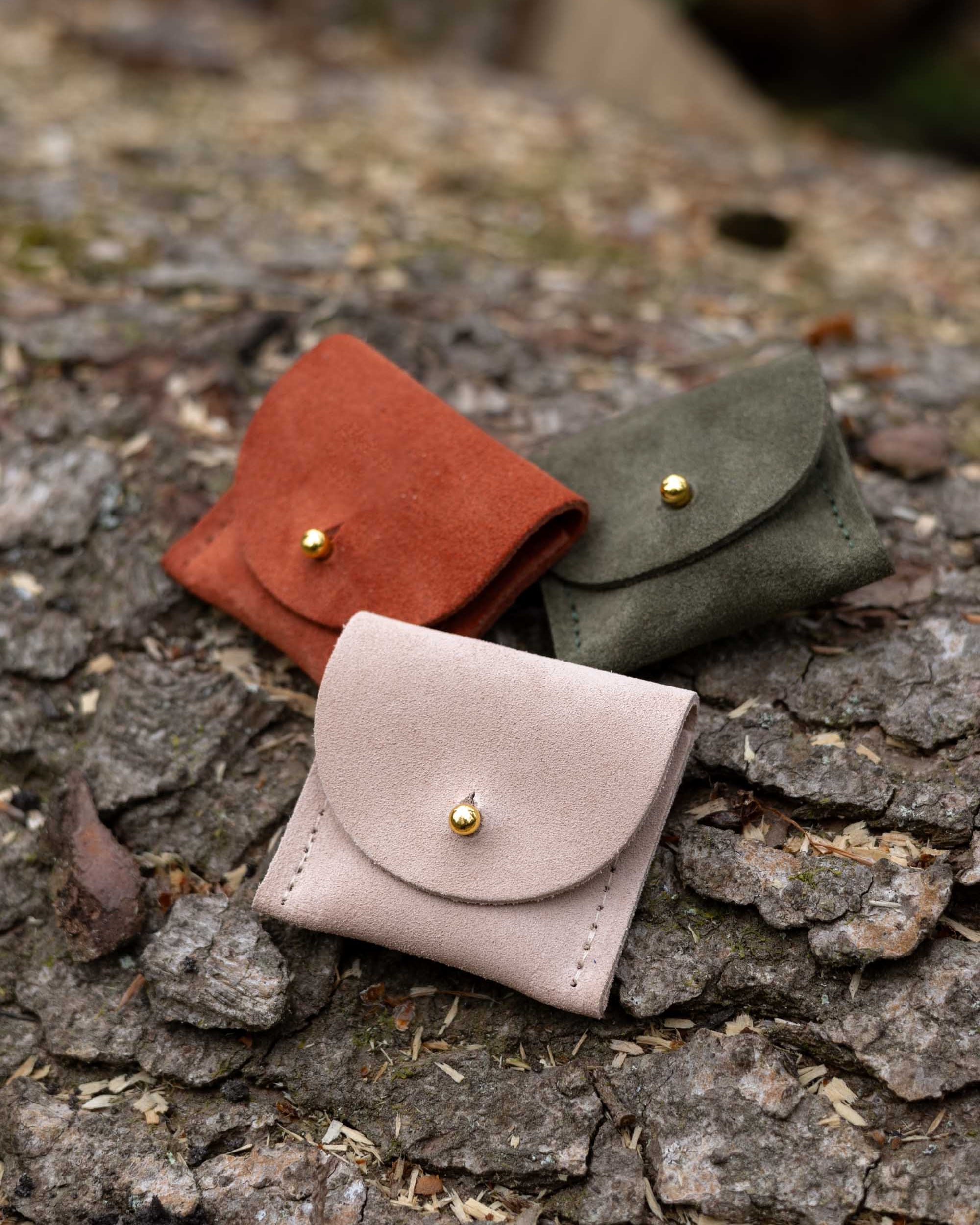 Mini suede pouch in Warm Sand, Terracotta and Soft Olive