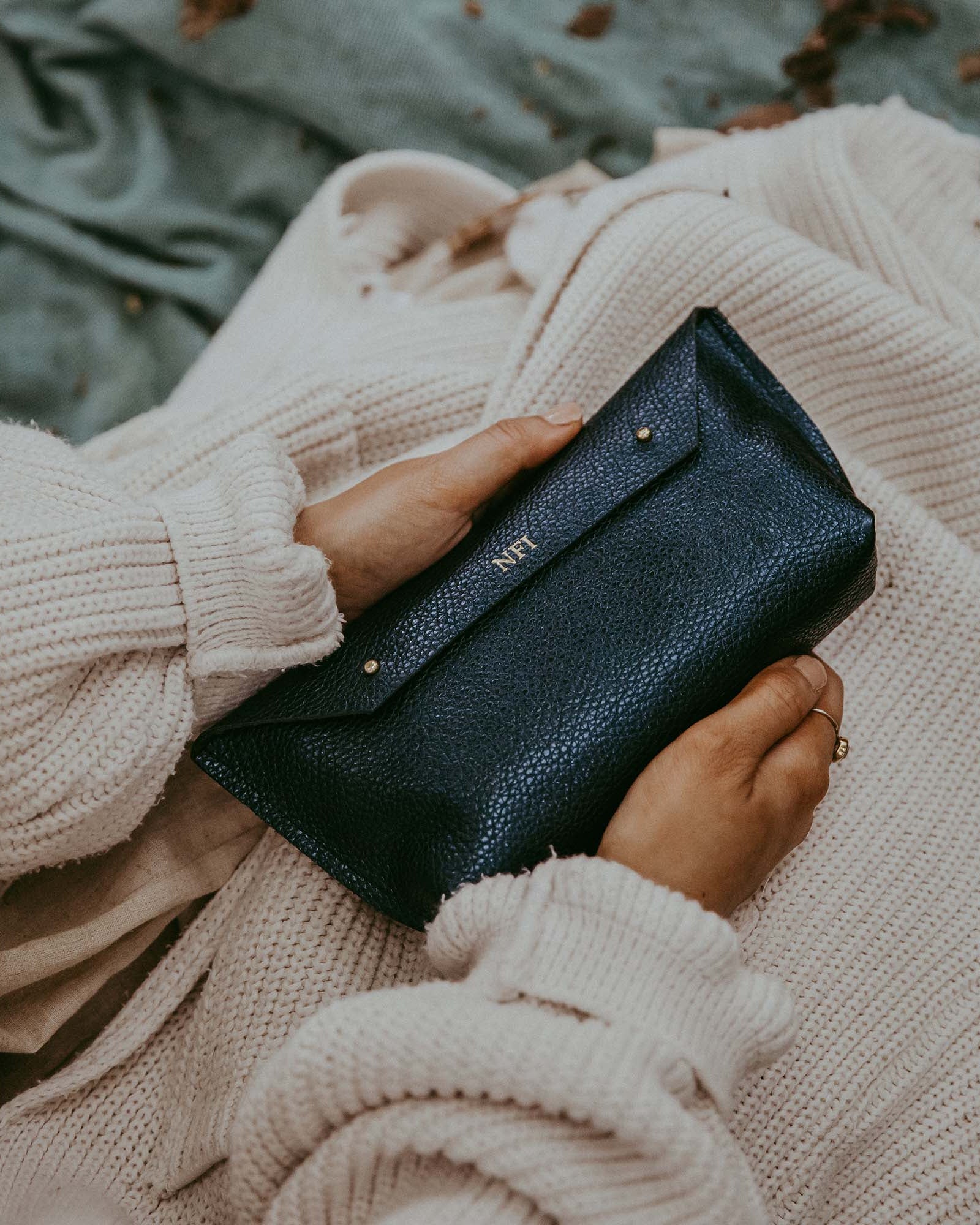 Leather Metallic Navy Ailla Clutch Bag