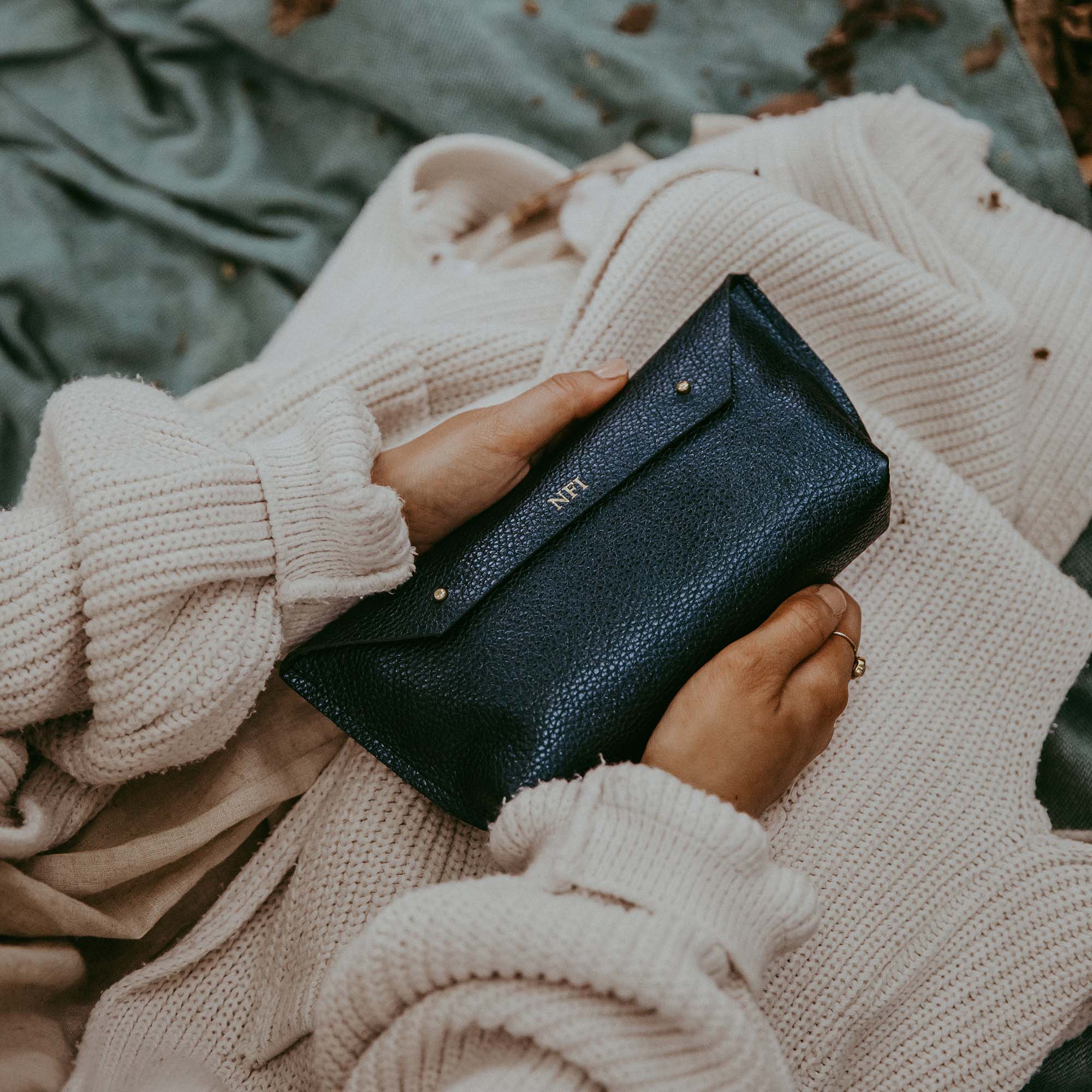Leather Metallic Navy Ailla Clutch Bag