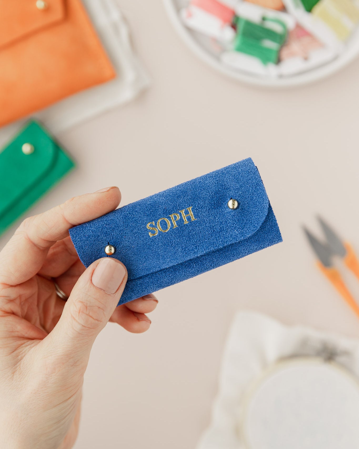 Cobalt blue suede sewing needle case with personalisation