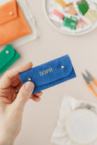 Cobalt blue suede sewing needle case with personalisation
