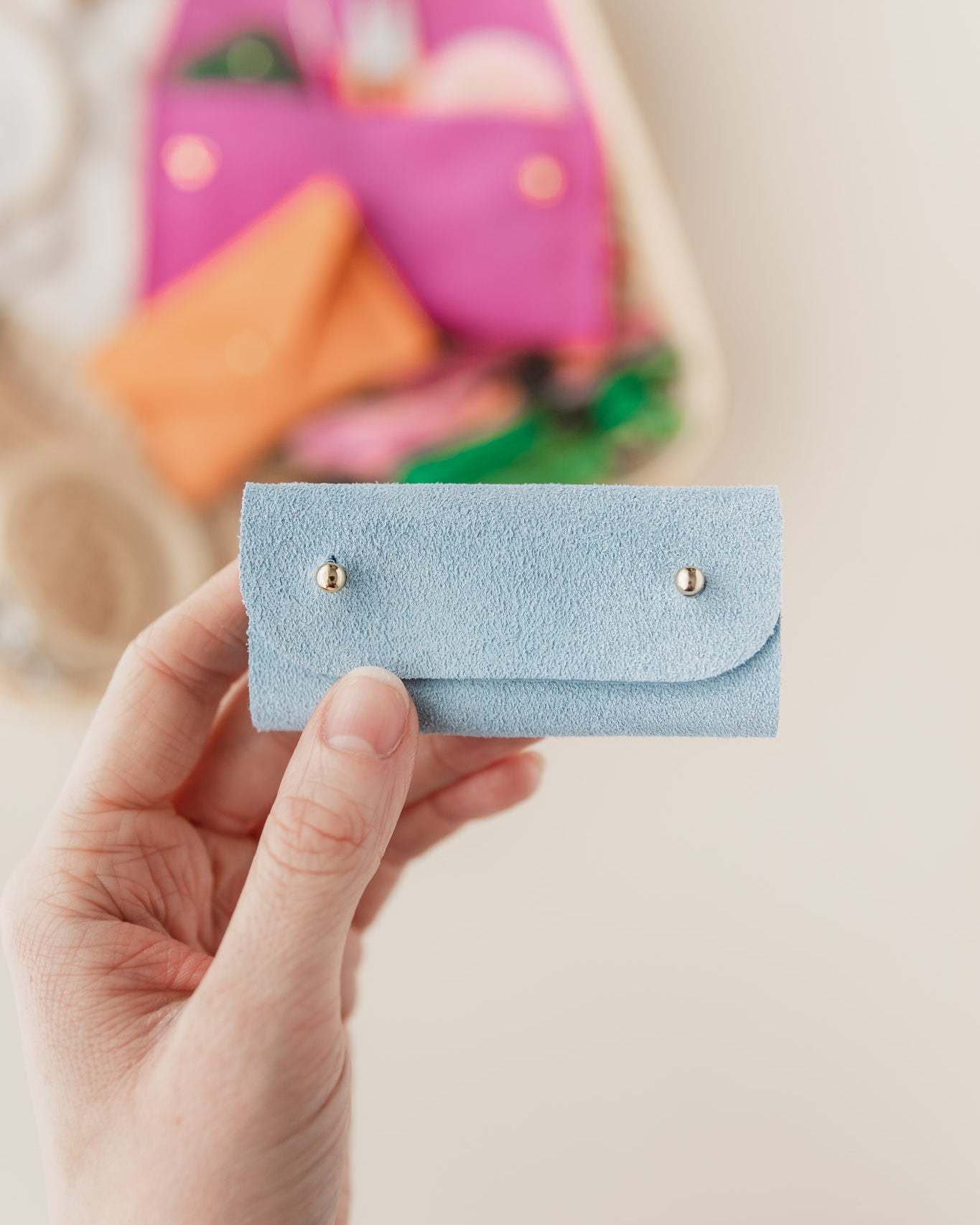 Pale blue suede mini sewing needle case