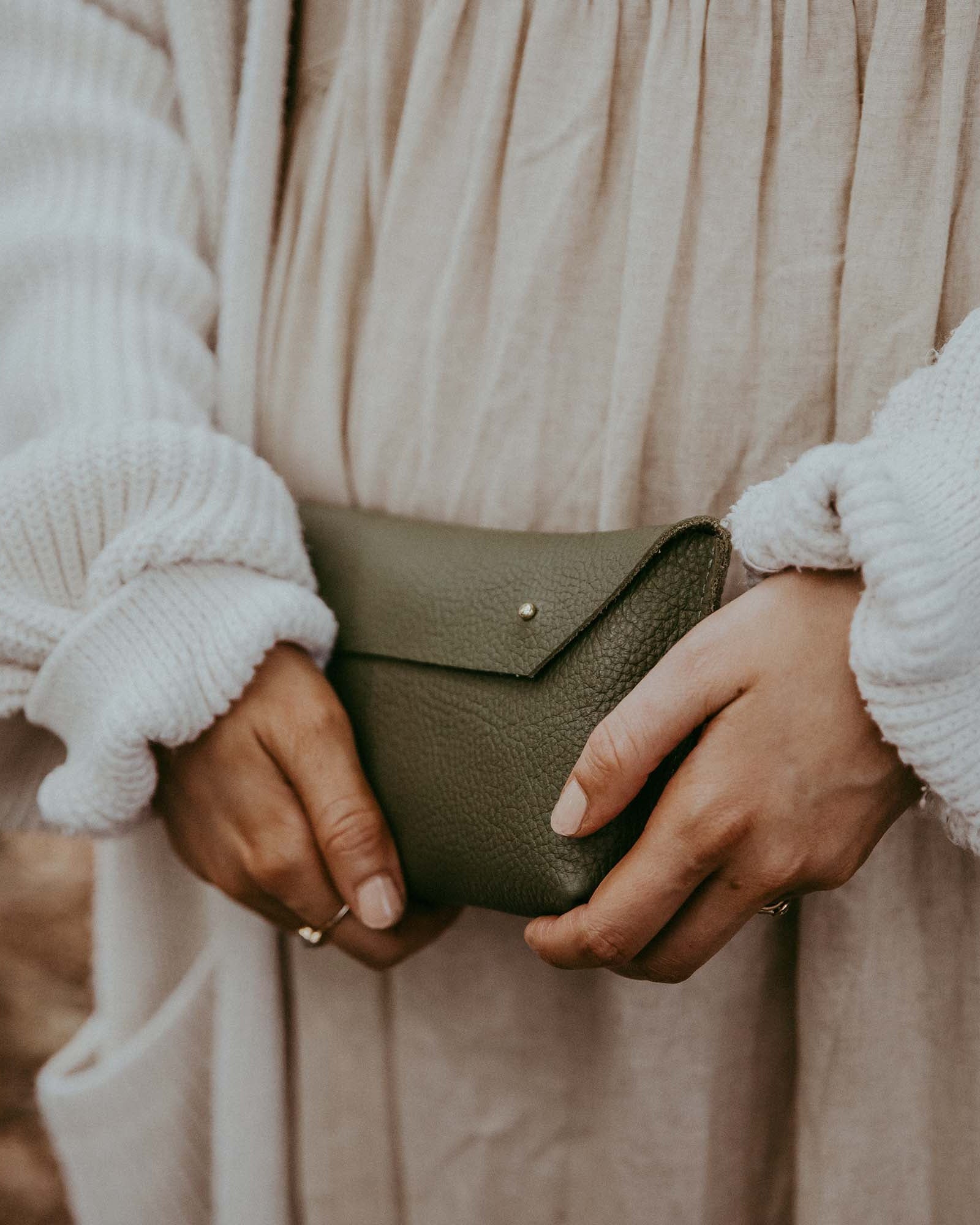 Leather Olive Green Ailla Clutch Bag