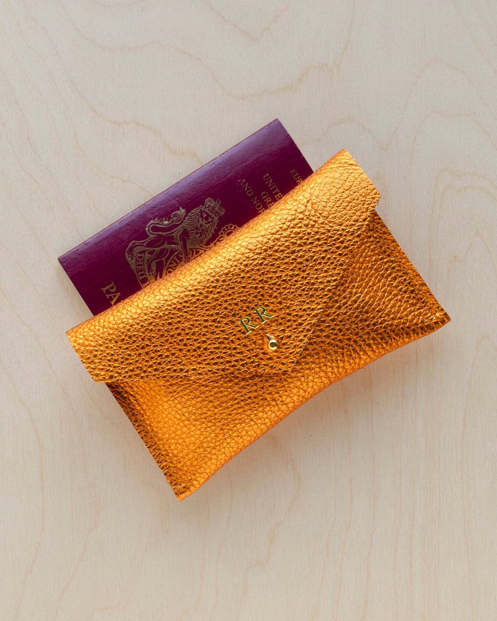 Personalised Leather Metallic Copper Passport Pouch