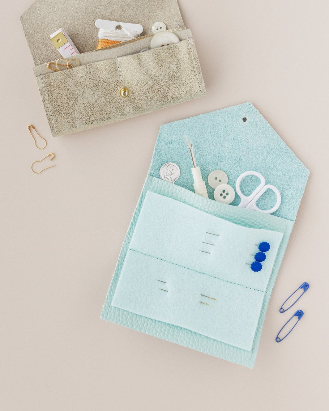 Gold and seaglass turquoise sewing needle case