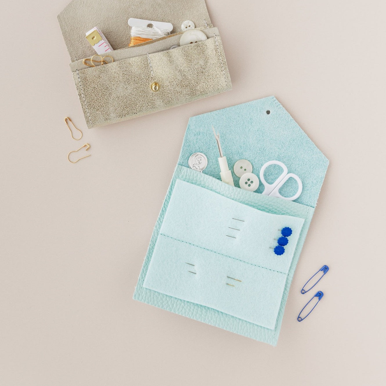 Gold and seaglass turquoise sewing needle case
