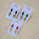 Three pairs of the Sofie Dangle Earrings in Ultramarine Blue, Moss Green, Fuchsia Pink