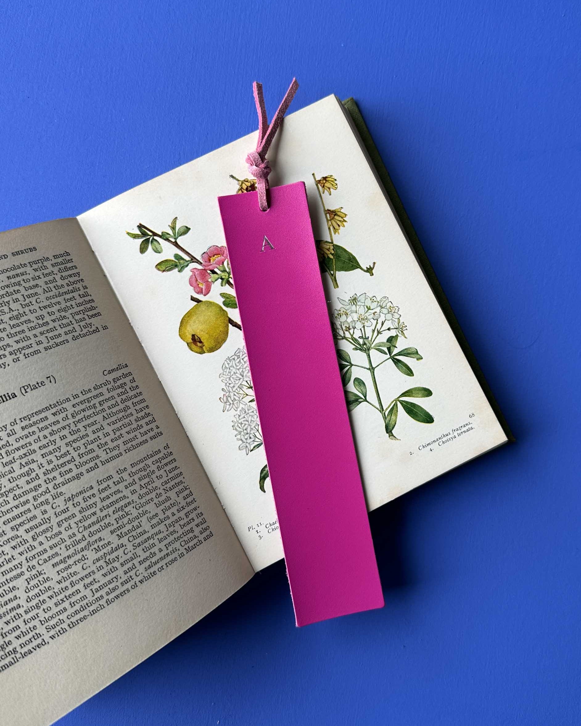 Pink bookmark on an open book with botanical illustrations against a blue background