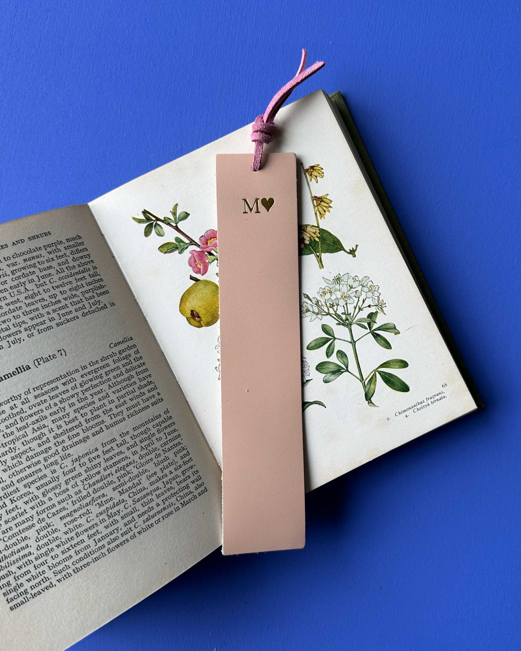 Pink bookmark with 'M' on a book with botanical illustrations against a blue background