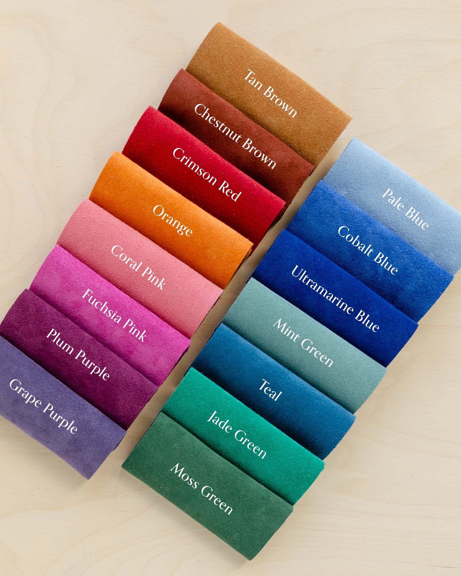 Suede colour swatches in every colour of the rainbow