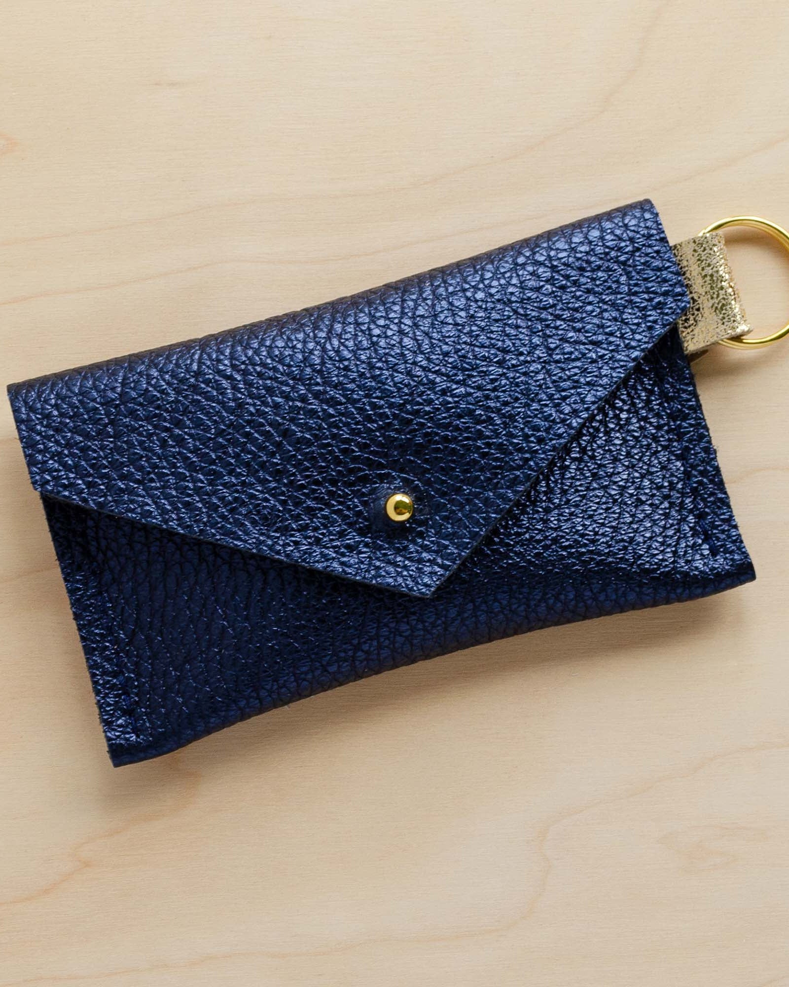 Metallic Navy leather keyring card holder.
