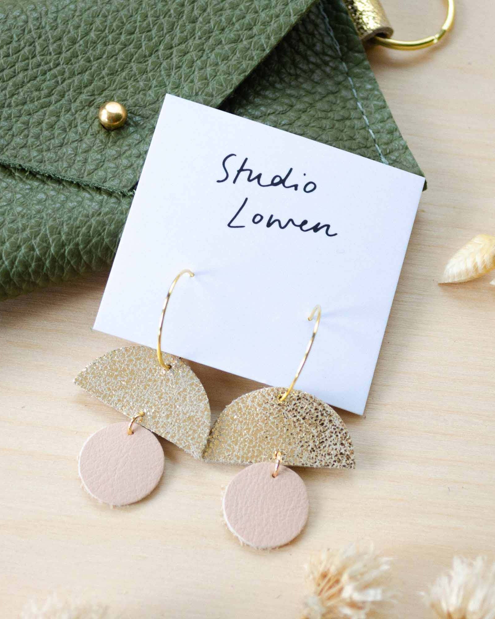 The sunrise hoops in leather in the colour nude.