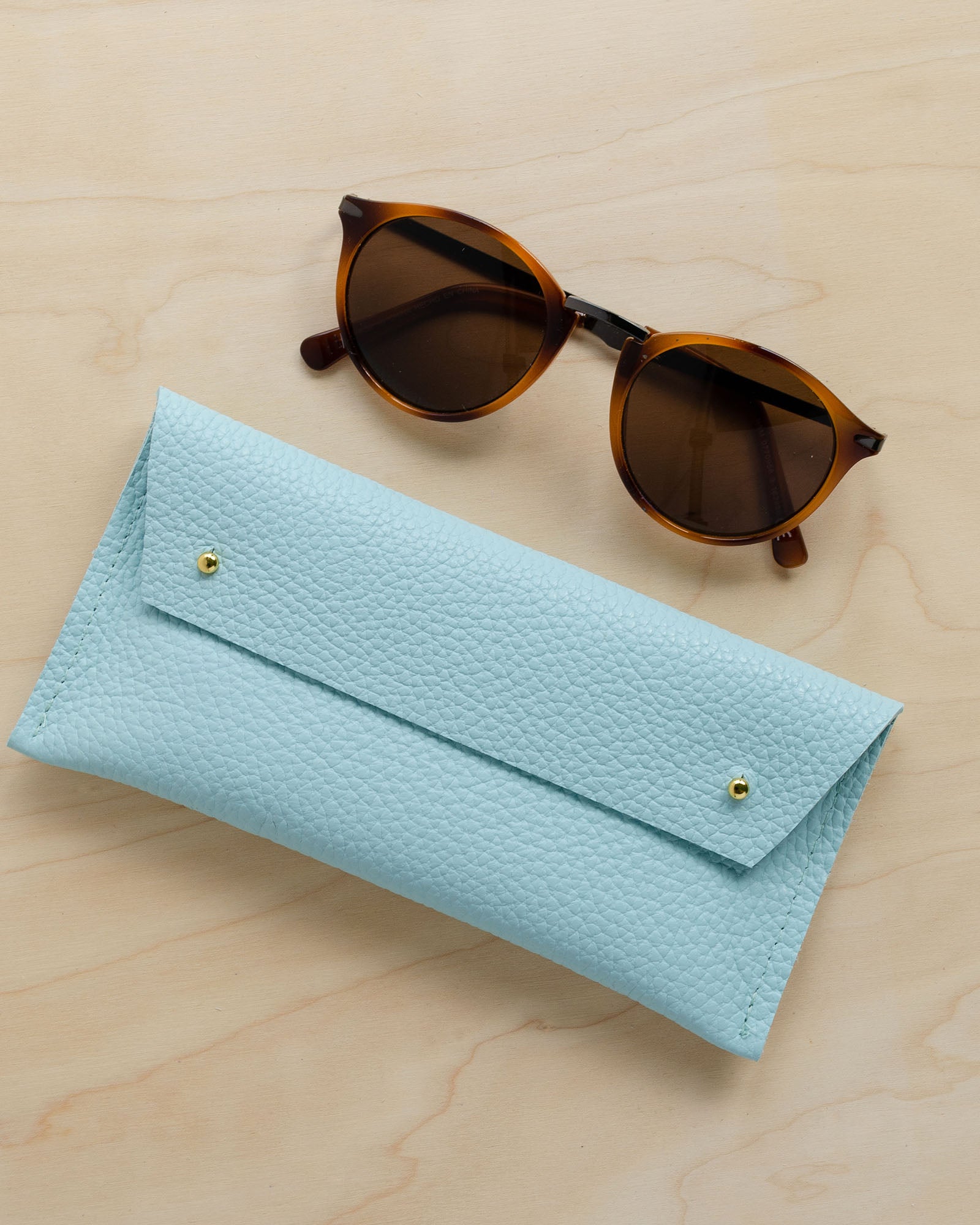Leather double stud glasses case in seaglass blue