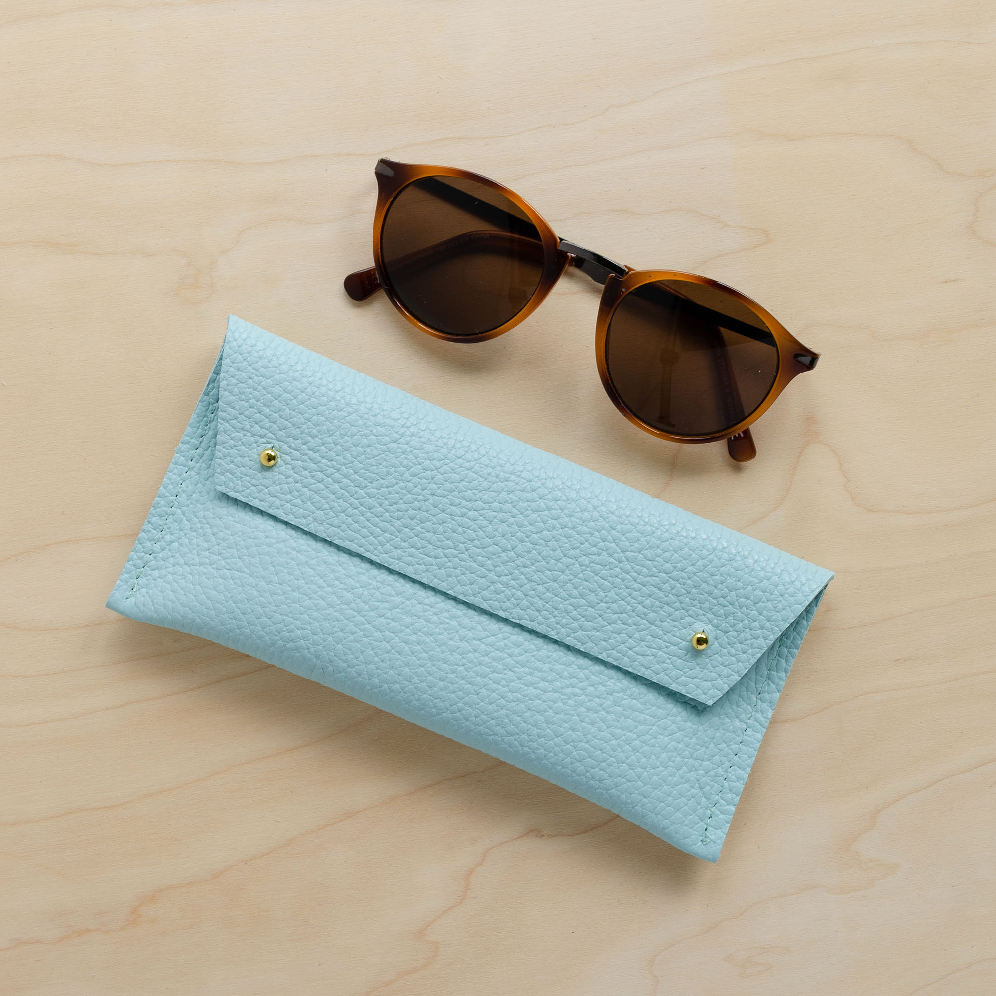Leather double stud glasses case in seaglass blue