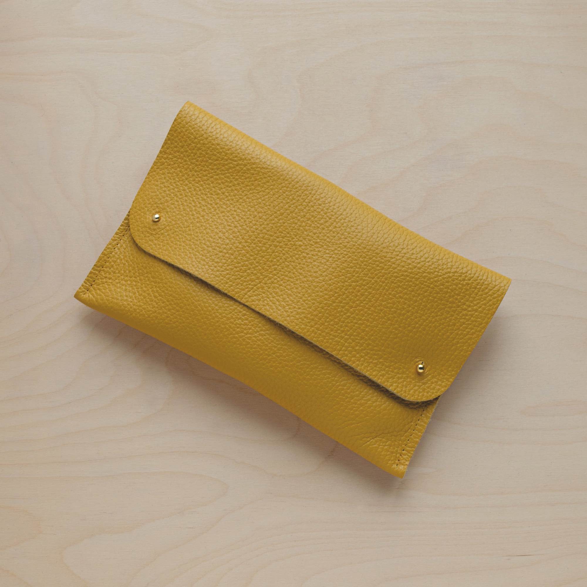 Leather Clutch Bag Mustard No Personalisation Silver