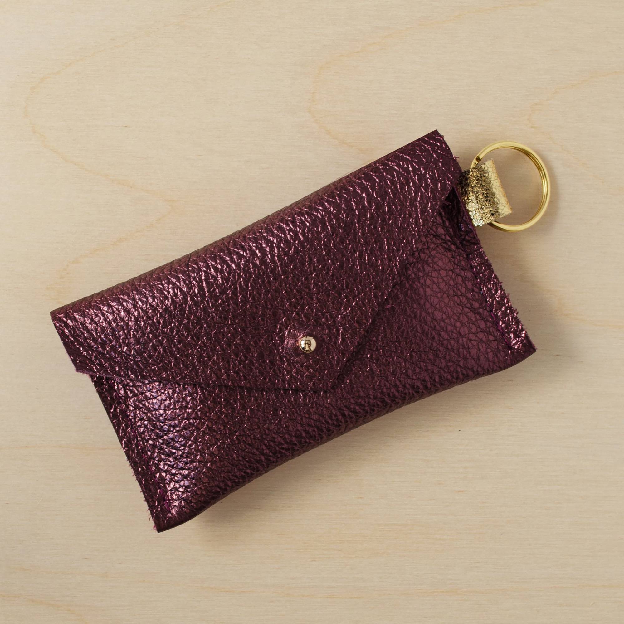 Leather Keyring Card holder in metallic berry.