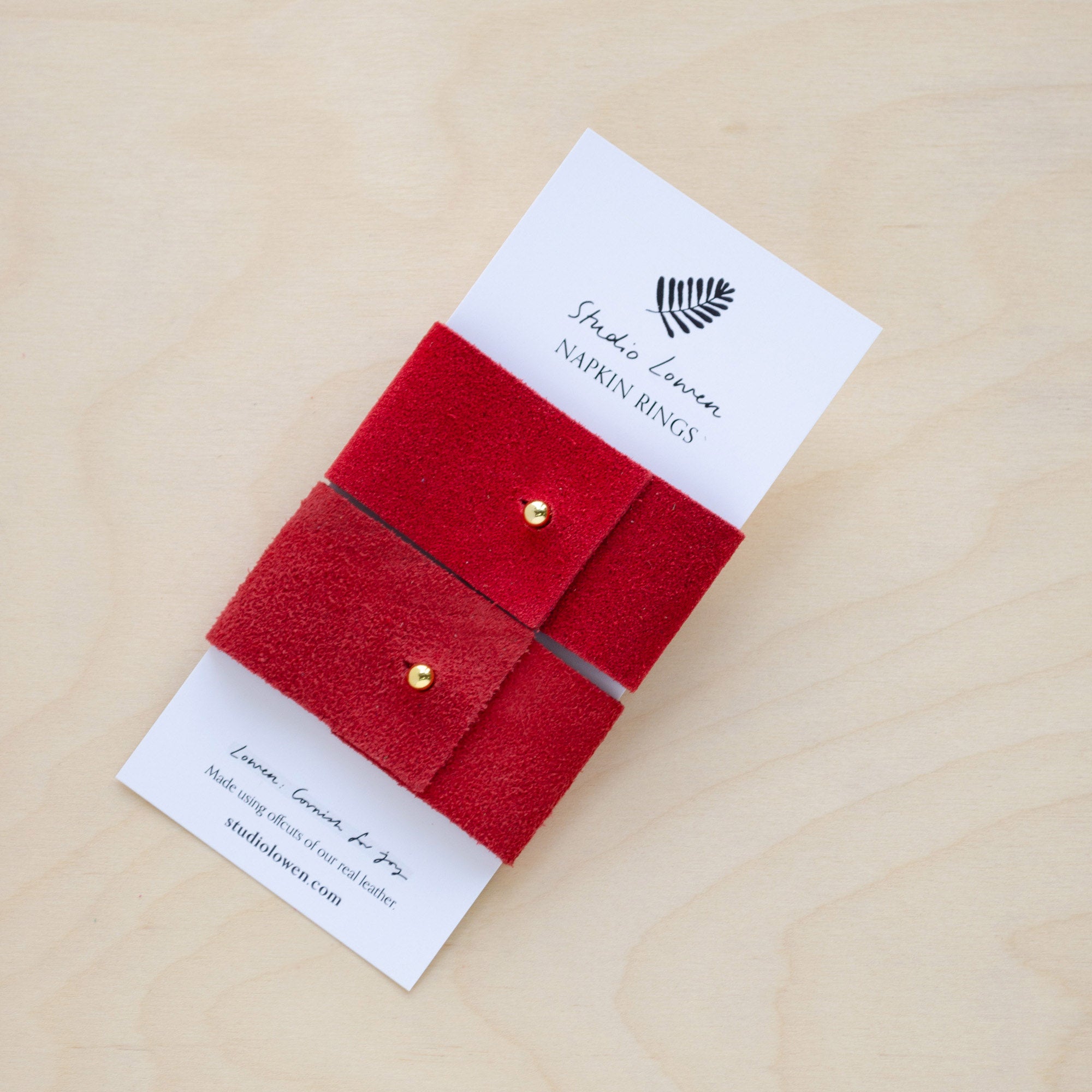 Crimson Red suede leather napkin ring with gold stud.