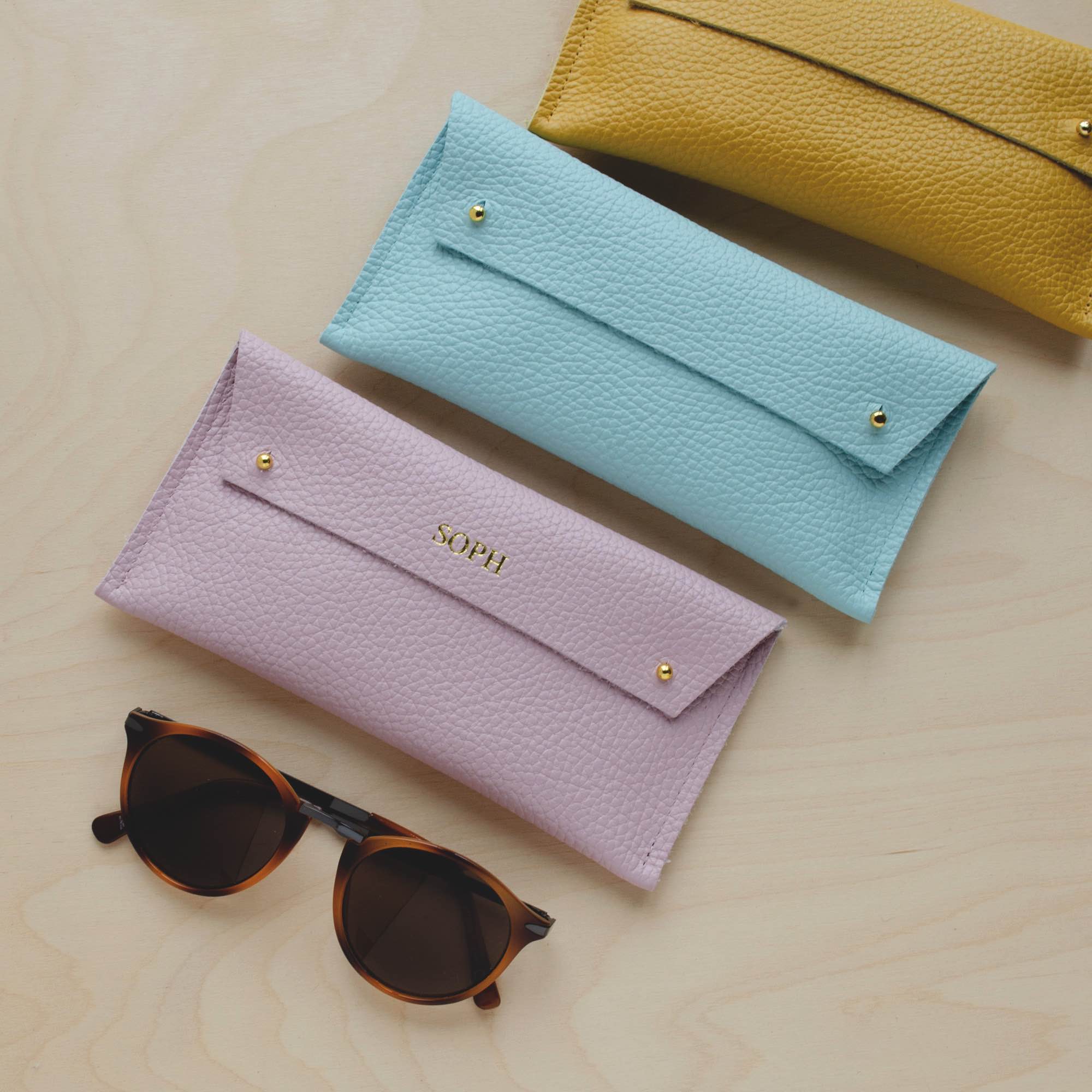 The Double Stud Glasses Case in Baby Pink, Powder Blue, Mustard Yellow. Personalised glasses case.