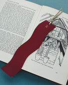 Open book with a red wavy leather bookmark on a blue background