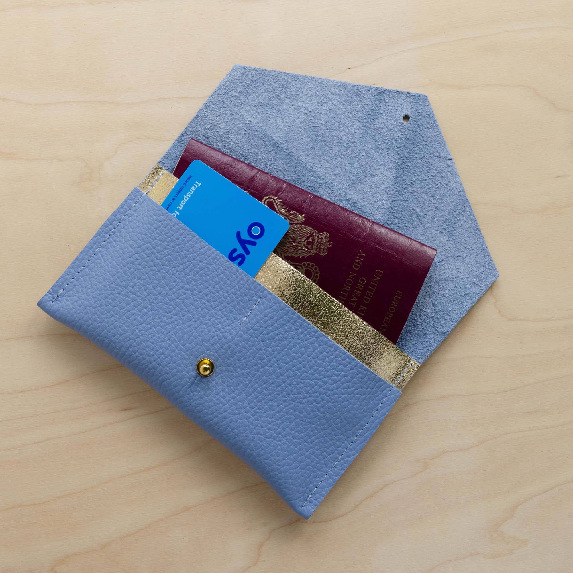 Powder blue leather passport pouch