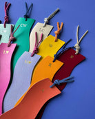 Colourful leather bookmarks with initials on a blue background