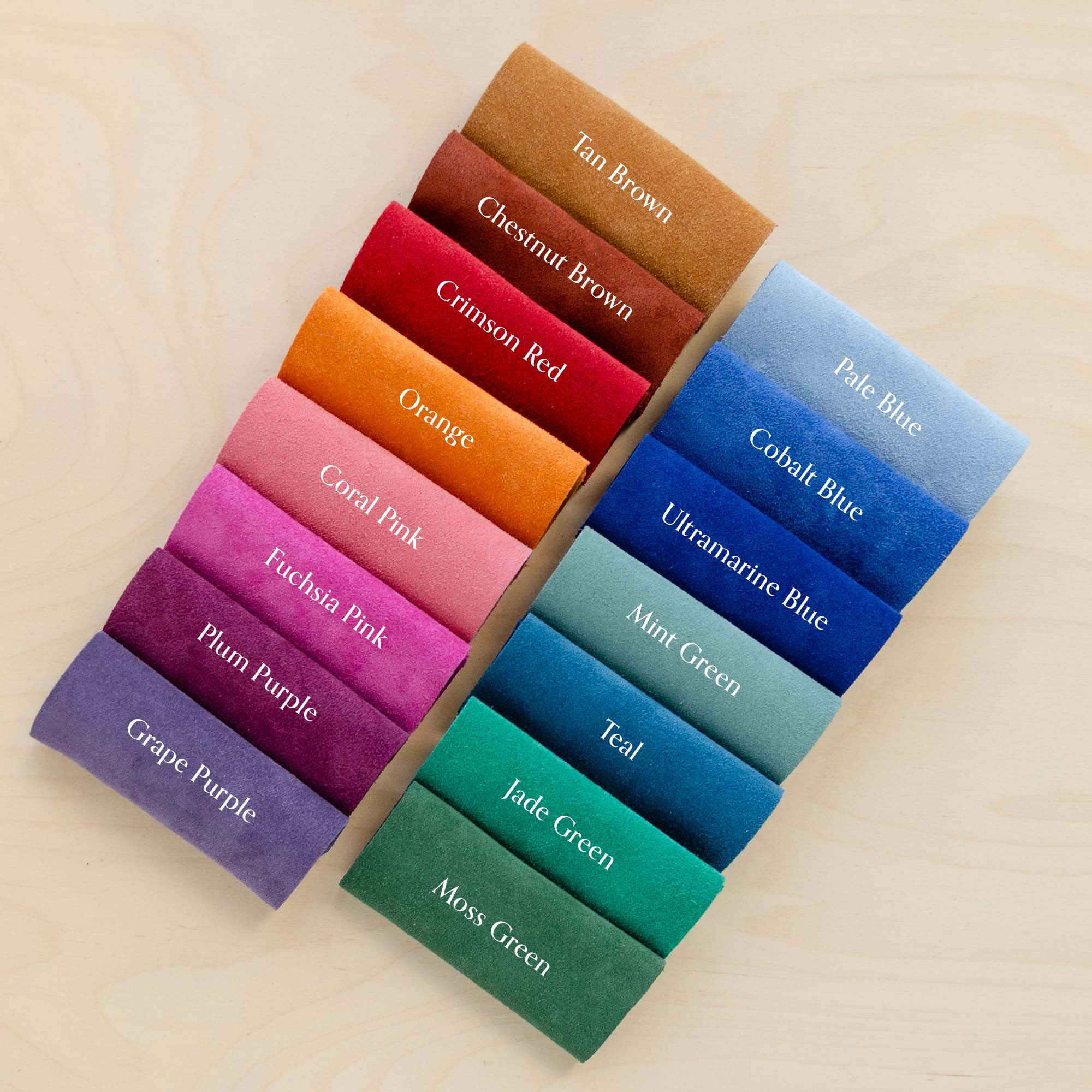 Suede colour swatches in every colour of the rainbow