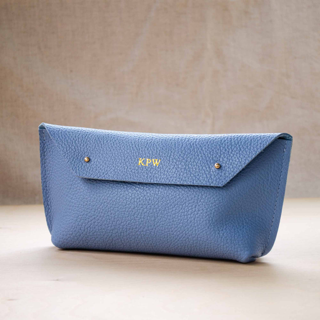 Ailla Powder Blue Leather Clutch Bag with personalisation.