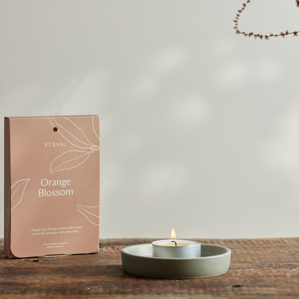 St Eval Orange Blossom Maxi Tealights Packaging and Small Candle Plate