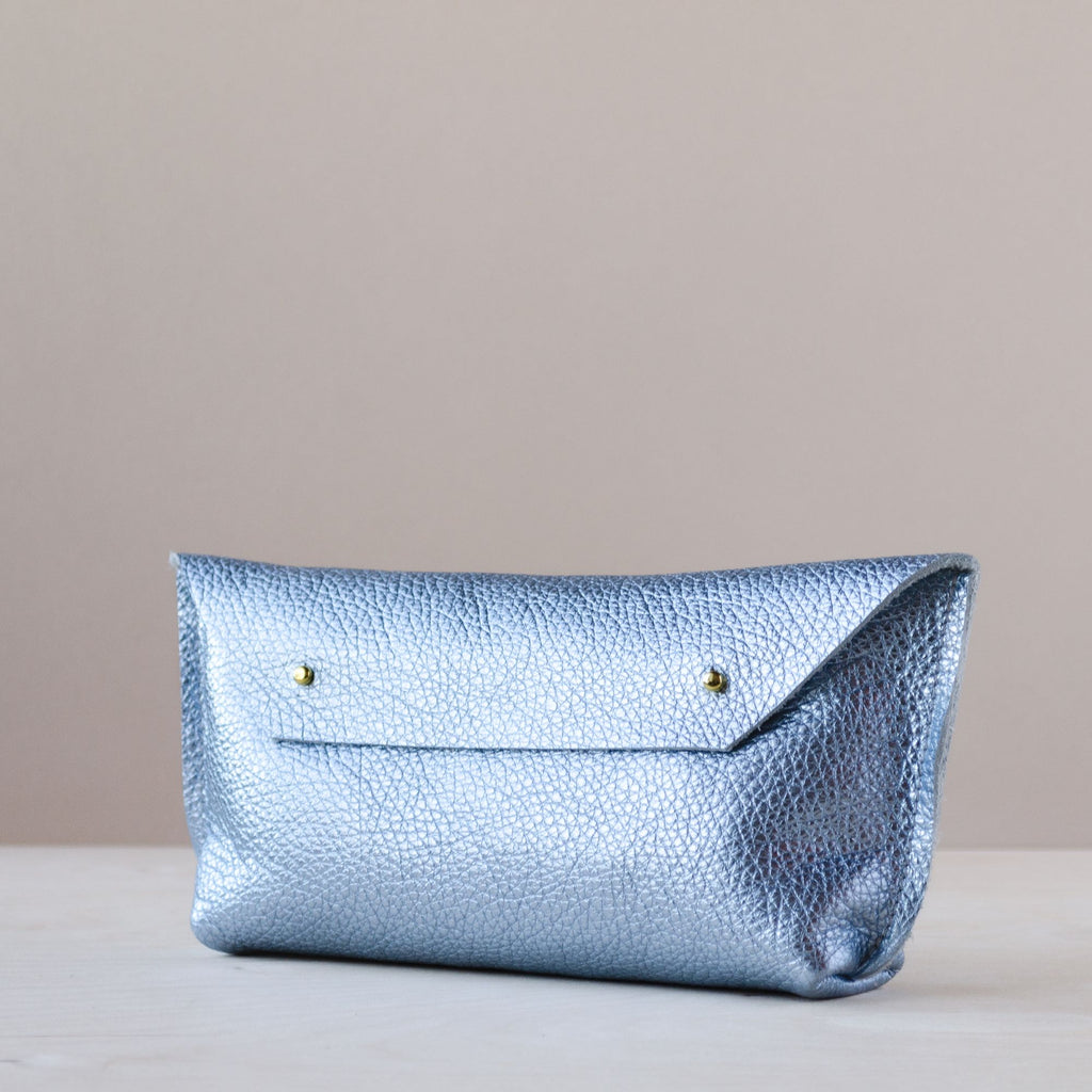 Ailla Leather Clutch Bag in Metallic Diamond Blue
